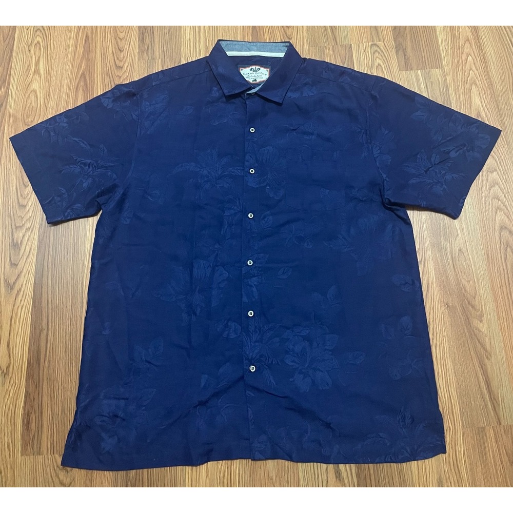 Bahama Bay Club Hawaiian Shirt Mens XL Jacquard Floral Navy Resort